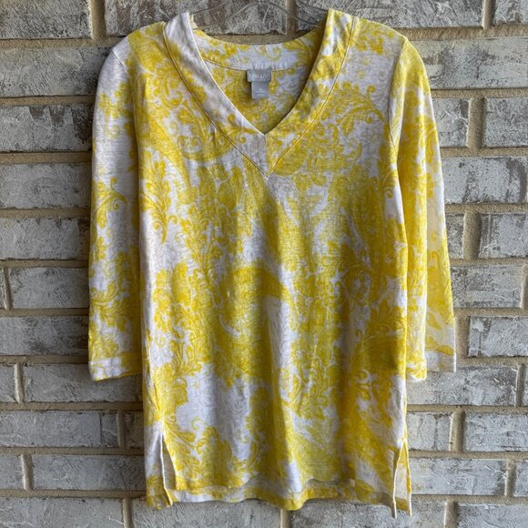 Chico's 3/4 Sleeve V-Neck White/Yellow Paisley 100% Linen Blouse Size 0 (S) - Picture 1 of 8